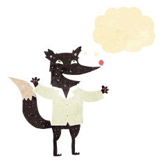 cartoon happy wolf wearing shirt with thought bubble