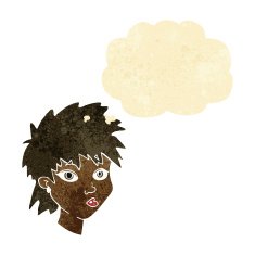 cartoon curious girl with thought bubble