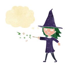 cartoon witch girl casting spell with thought bubble N4
