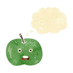 cartoon shiny apple with thought bubble