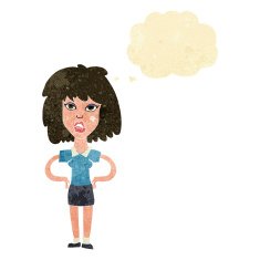 cartoon tough woman with thought bubble N2