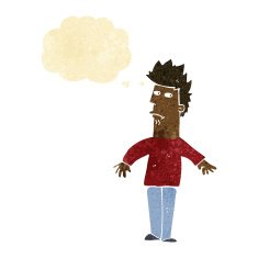 cartoon worried man with thought bubble