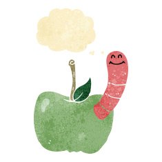 cartoon apple with worm thought bubble N6