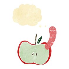 cartoon apple with worm thought bubble N7