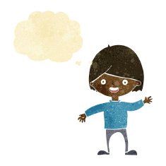 cartoon waving boy with thought bubble