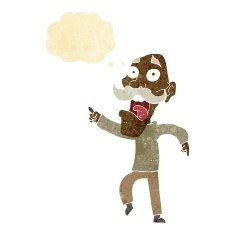 cartoon frightened old man with thought bubble N5