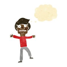 cartoon boy panicking with thought bubble