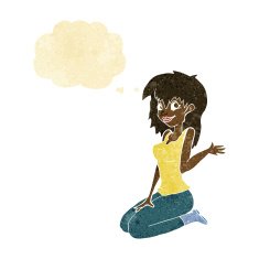 cartoon pretty girl waving with thought bubble N2