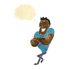 cartoon muscle guy with thought bubble