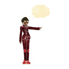 cartoon woman in leather jacket pointing with thought bubble