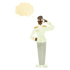 cartoon military man in dress uniform with thought bubble
