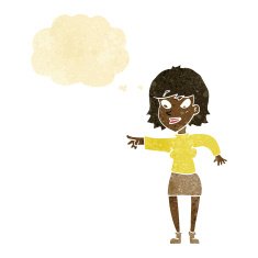 cartoon woman pointing with thought bubble N13