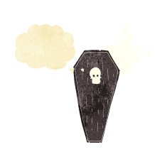 spooky cartoon coffin with thought bubble