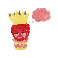 spooky skull cupcake cartoon with thought bubble