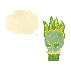 cartoon spooky skull cupcake with thought bubble