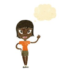 cartoon woman waving with thought bubble N39