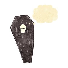 spooky cartoon coffin with thought bubble N3