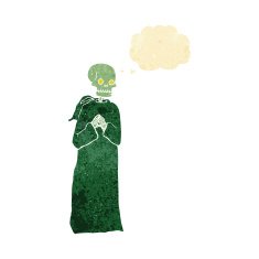 cartoon skeleton in black robe with thought bubble