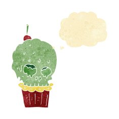 cartoon spooky skull cupcake with thought bubble N2
