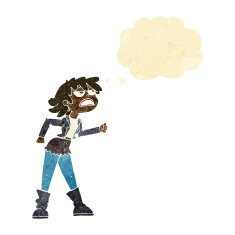 cartoon angry biker girl with thought bubble