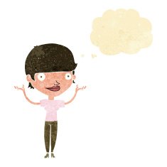cartoon woman holding arms in air with thought bubble N2