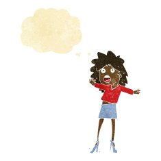 cartoon woman having trouble walking in heels with thought bubbl