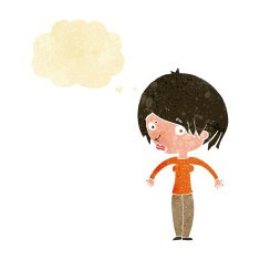cartoon woman shrugging with thought bubble N8
