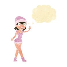 cartoon pretty girl in hat waving with thought bubble