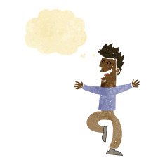 cartoon laughing man with thought bubble