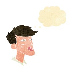 cartoon male model guy with thought bubble