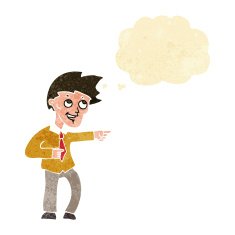 cartoon funny office man pointing with thought bubble