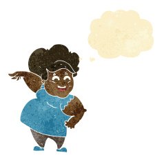 cartoon overweight woman with thought bubble