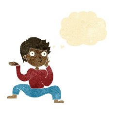cartoon boy doing crazy dance with thought bubble N2