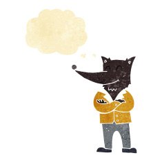 cartoon wolf in shirt with thought bubble