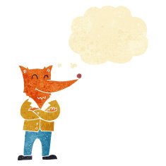 cartoon fox in shirt with thought bubble