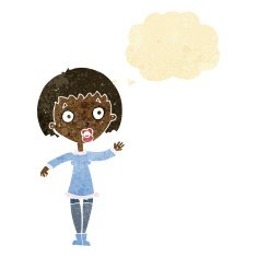 cartoon waving woman with thought bubble