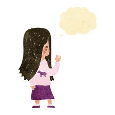 cartoon girl with pony shirt waving thought bubble