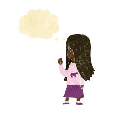 cartoon girl with pony shirt waving thought bubble N2