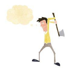cartoon man swinging axe with thought bubble
