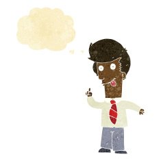 cartoon office man with crazy idea thought bubble