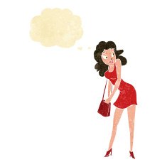 cartoon woman looking in handbag with thought bubble