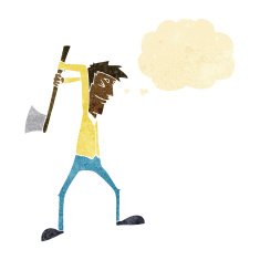 cartoon man swinging axe with thought bubble N2