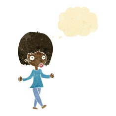 cartoon confused woman with thought bubble N5