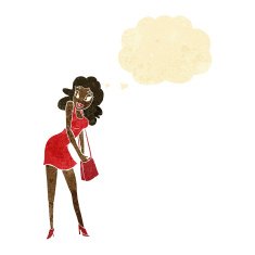 cartoon woman looking in handbag with thought bubble N2