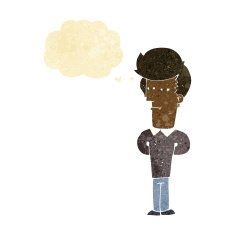 cartoon jaded man with thought bubble