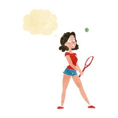 cartoon woman playing tennis with thought bubble