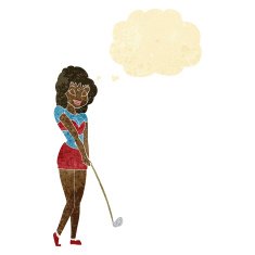 cartoon woman playing golf with thought bubble N2