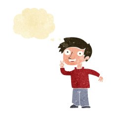 cartoon boy posing for photo with thought bubble N2