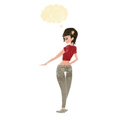 cartoon pretty girl in jeans and tee with thought bubble