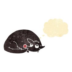 cartoon curled up dog with thought bubble
